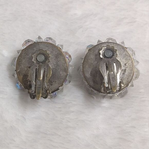 Vintage 1950's Aurora Borealis Crystal Round Button Clip Earrings - Picture 10 of 11